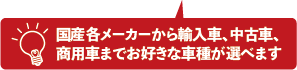 国産各メーカーから輸入車、中古車、商用車までお好きな車種が選べます
